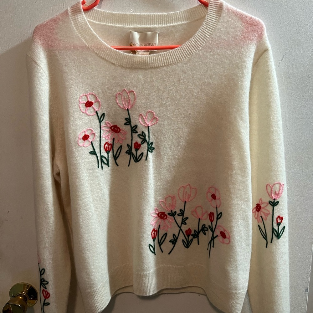 Cynthia Rowley Pink and Cream Crew Neck Sweater with Whimsical Floral Design